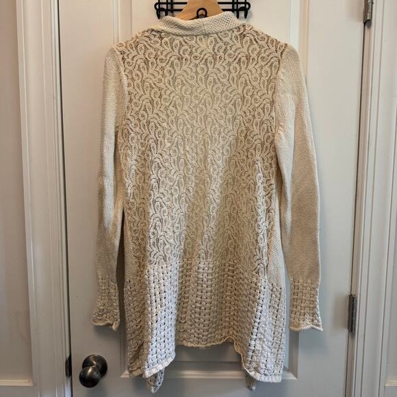 Chico's 1 Sz M Longline Lace Back Long Duster Sweater Cardigan Jacket Lattice - Picture 6 of 6